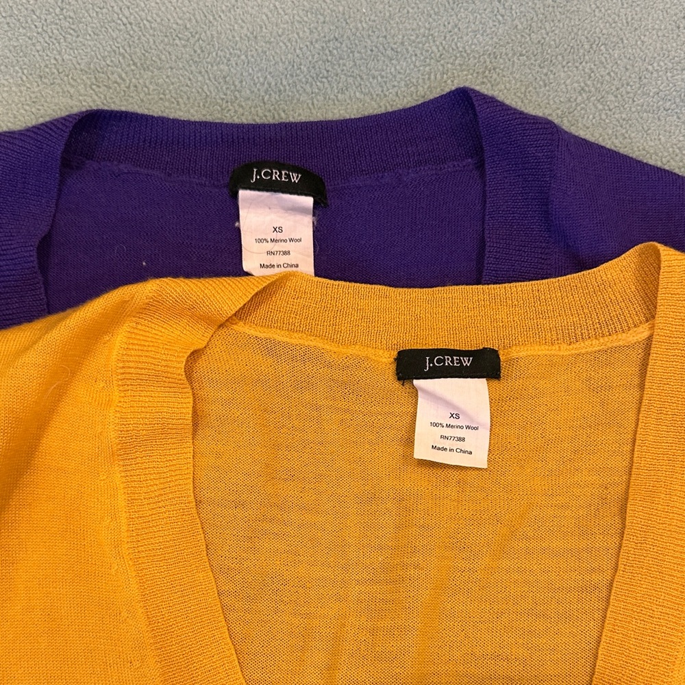 J. Crew Bundle Merino V-Neck Sweaters in Purple and Yellow XS